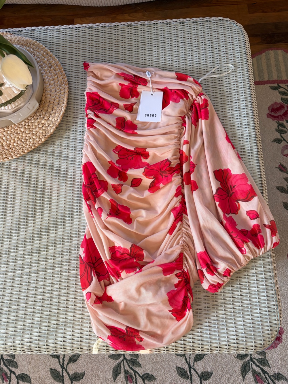 SUŠOO Pink Floral Strapless Bandeau Dress with Red Print